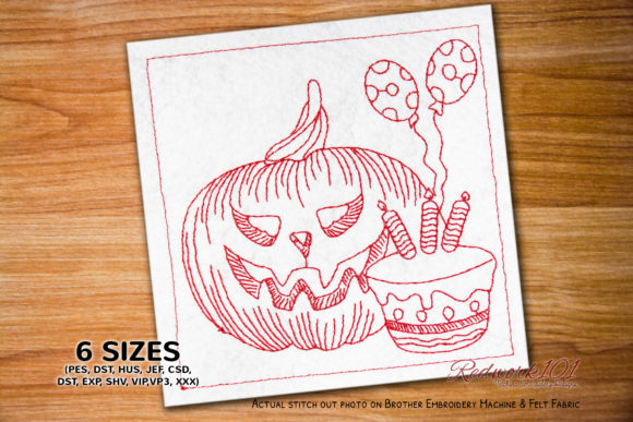 Halloween Pumpkin with Cake Redwork